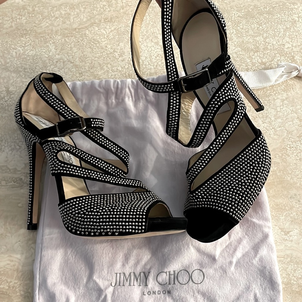 Jimmy Choo Virtue Black Suede Silver Micro Stud Heels